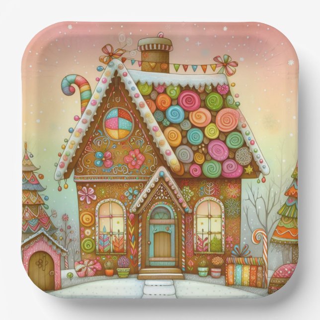 Cute, whimsical gingerbread house paper plates (Front)
