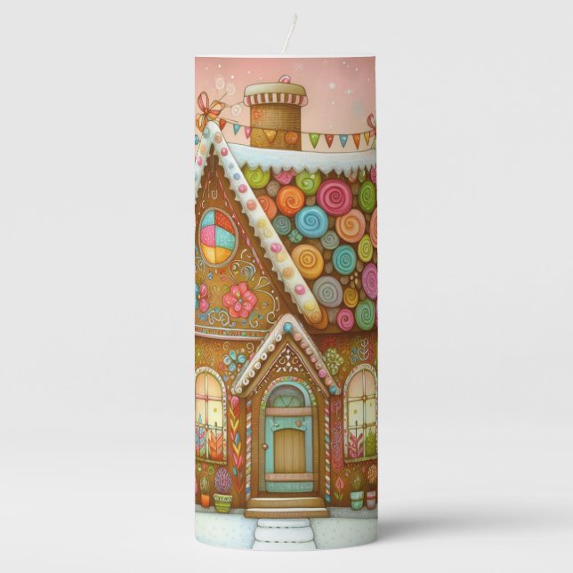 Cute, whimsical gingerbread house pillar candle (Front)
