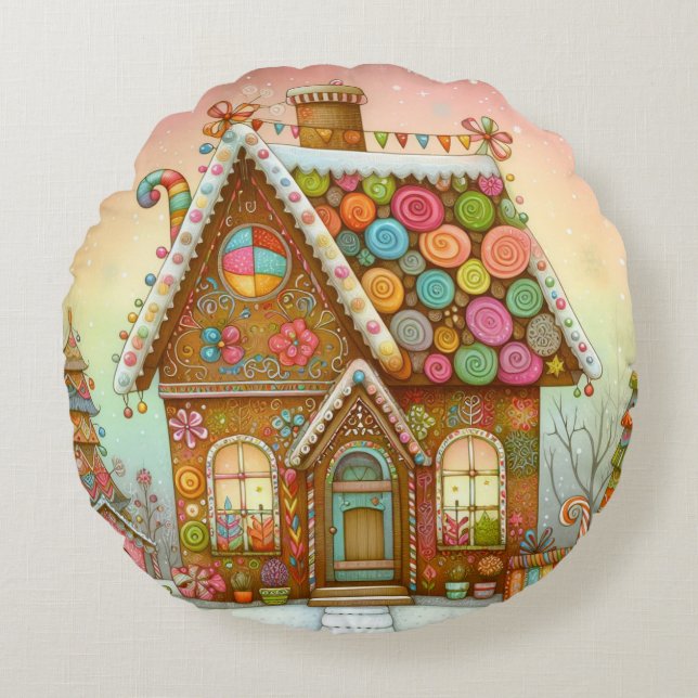 Cute, whimsical gingerbread house round pillow (Front)