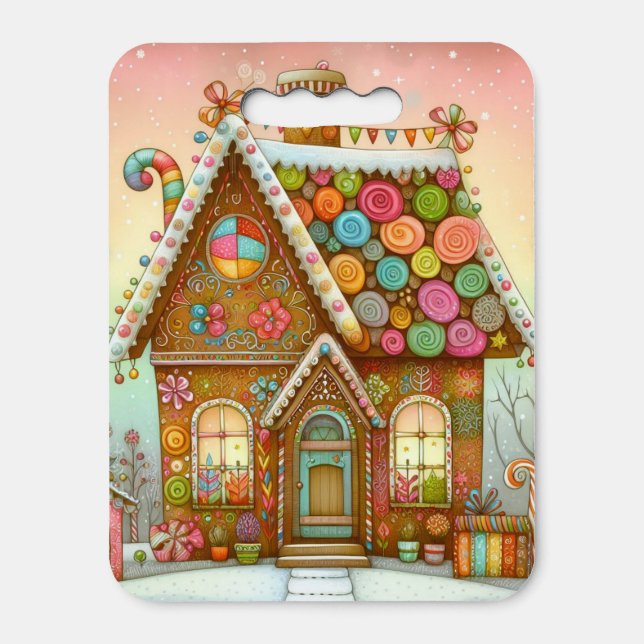 Cute, whimsical gingerbread house seat cushion (Front Vertical)