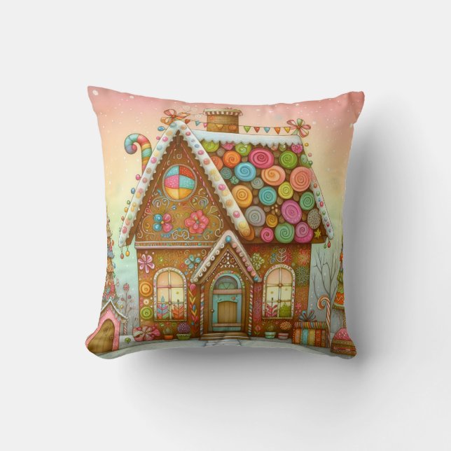Cute, whimsical gingerbread house throw pillow (Front)