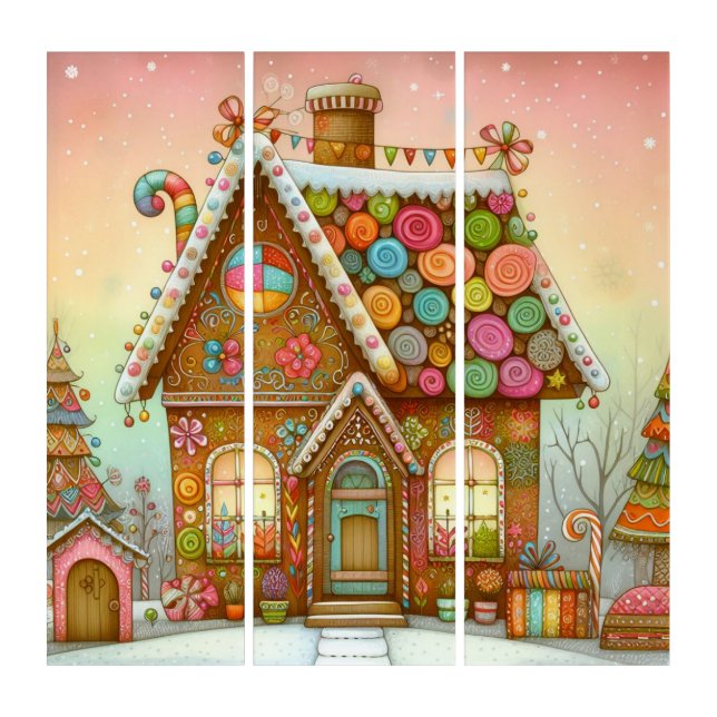 Cute, whimsical gingerbread house triptych (Front)