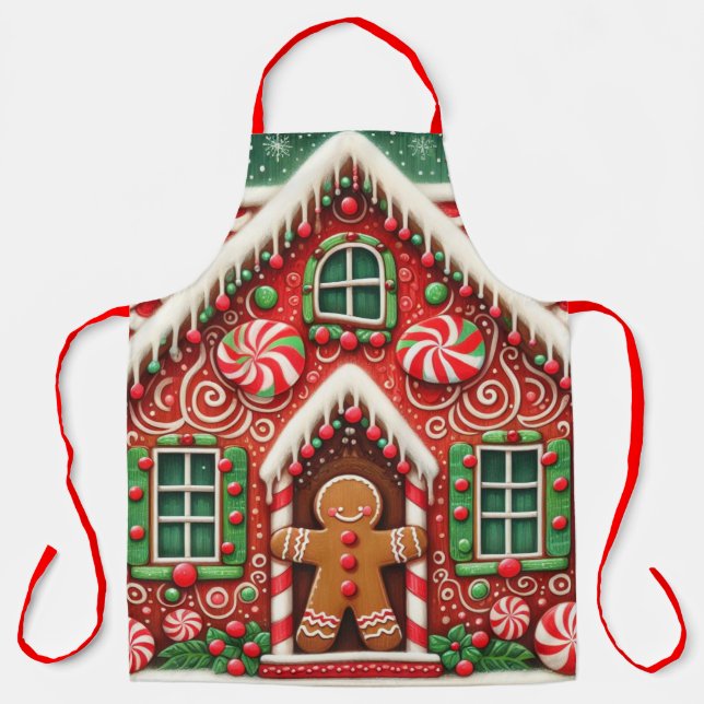 Cute, whimsical gingerbread man & house apron (Front)