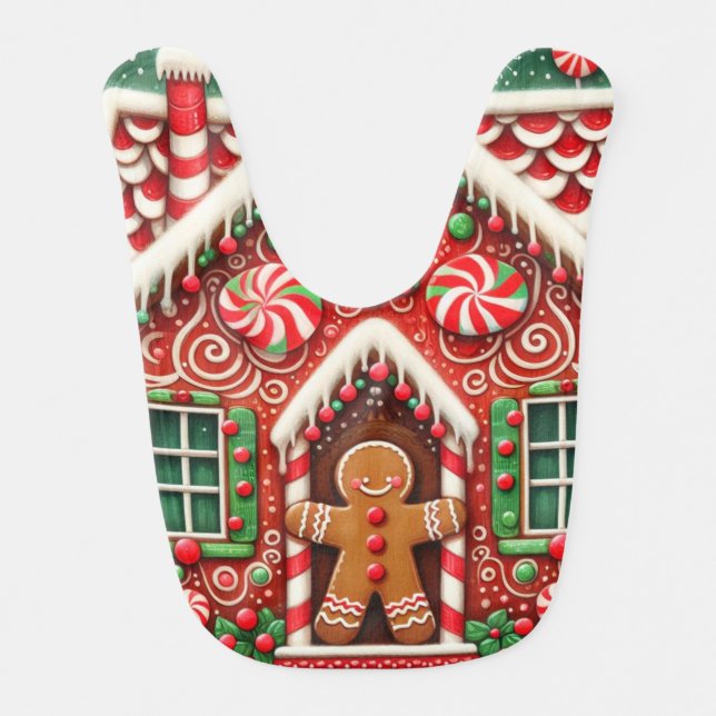 Cute, whimsical gingerbread man & house baby bib (Front)