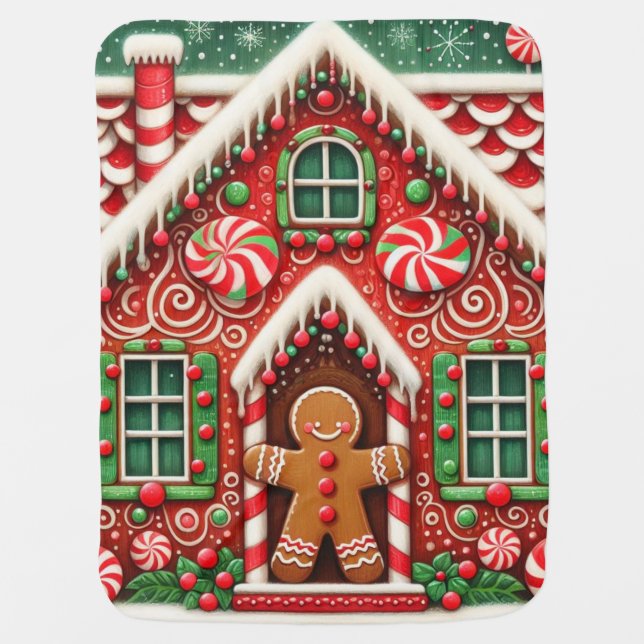 Cute, whimsical gingerbread man & house baby blanket (Front)