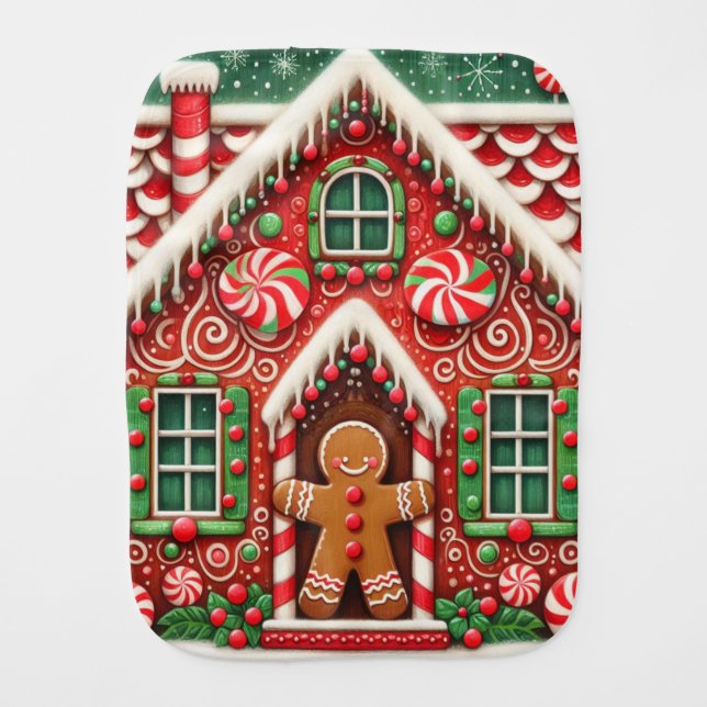 Cute, whimsical gingerbread man & house baby burp cloth (Front)