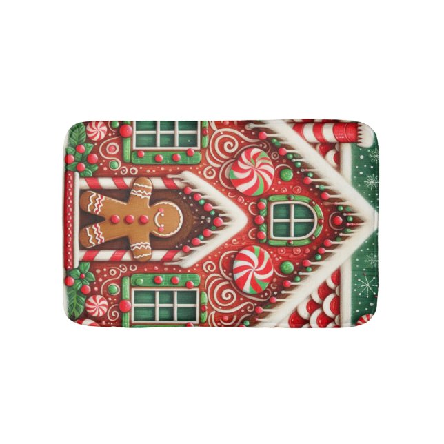 Cute, whimsical gingerbread man & house bath mat (Front)