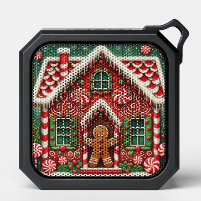Cute, whimsical gingerbread man & house bluetooth speaker (Front)