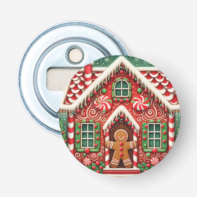 Cute, whimsical gingerbread man & house bottle opener (Front)