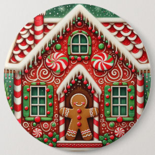 Cute, whimsical gingerbread man & house button
