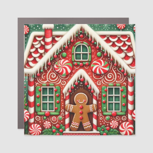 Cute, whimsical gingerbread man & house car magnet (Front)