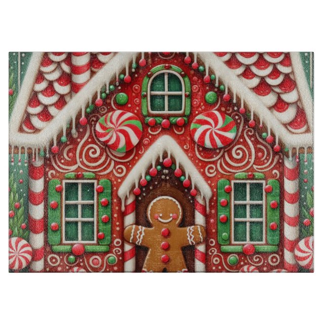 Cute, whimsical gingerbread man & house cutting board (Front)