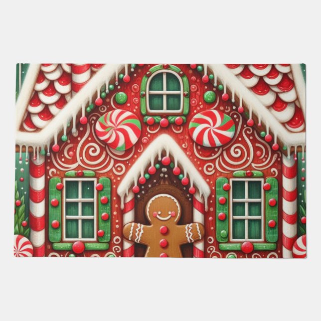 Cute, whimsical gingerbread man & house doormat (Front)