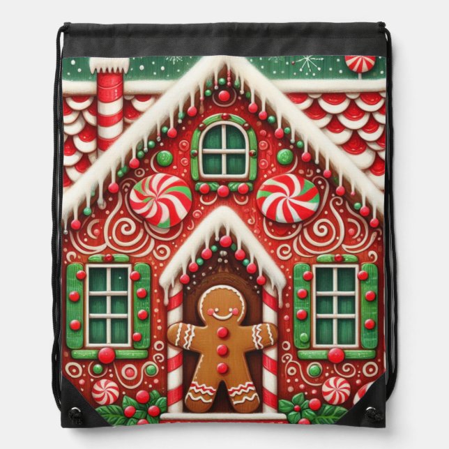 Cute, whimsical gingerbread man & house drawstring bag (Front)