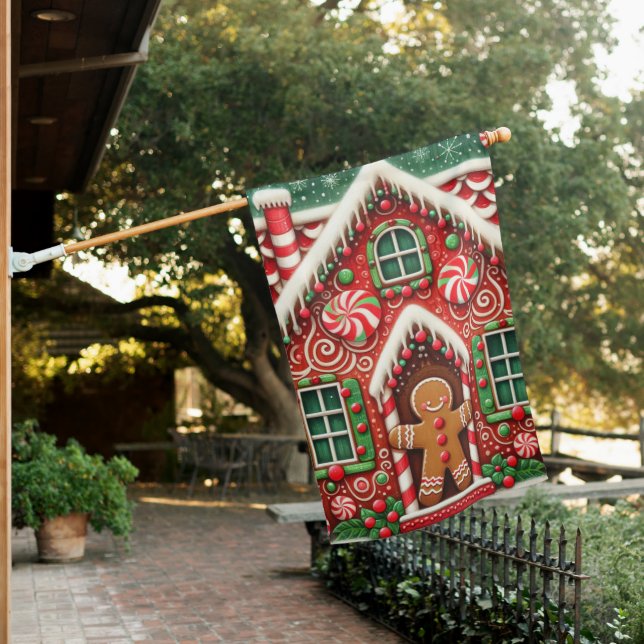 Cute, whimsical gingerbread man & house flag (In SItu)