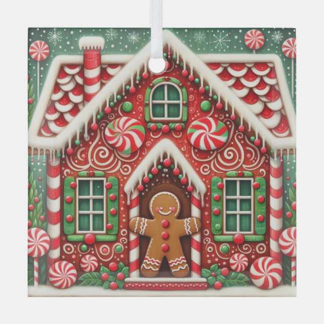 Cute, whimsical gingerbread man & house glass ornament (Front)