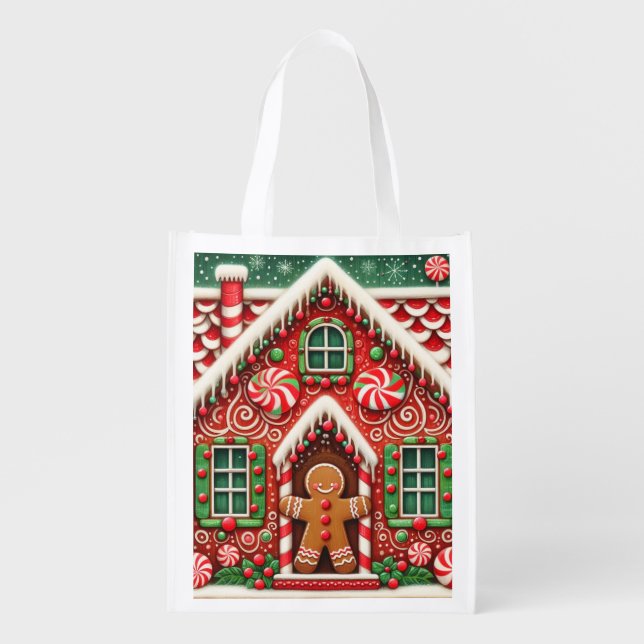 Cute, whimsical gingerbread man & house grocery bag (Front)