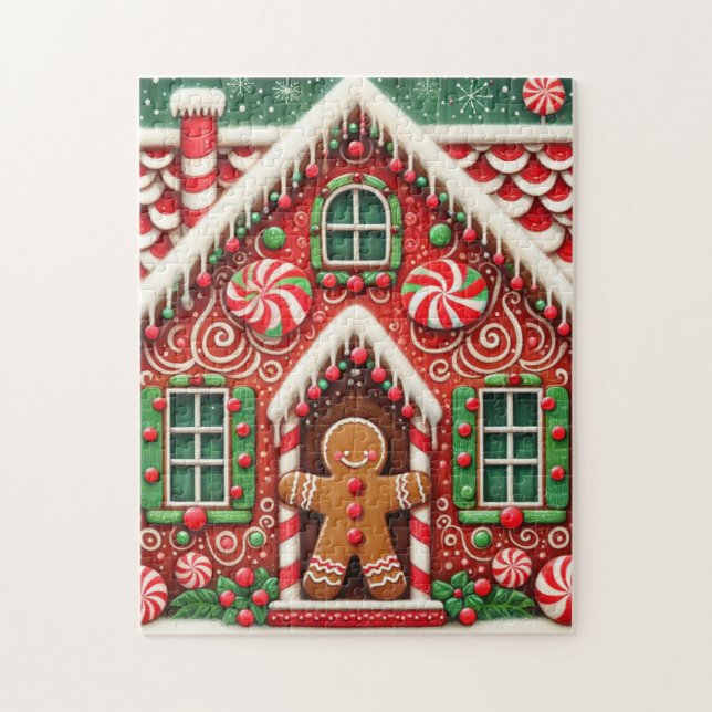 Cute, whimsical gingerbread man & house jigsaw puzzle (Vertical)