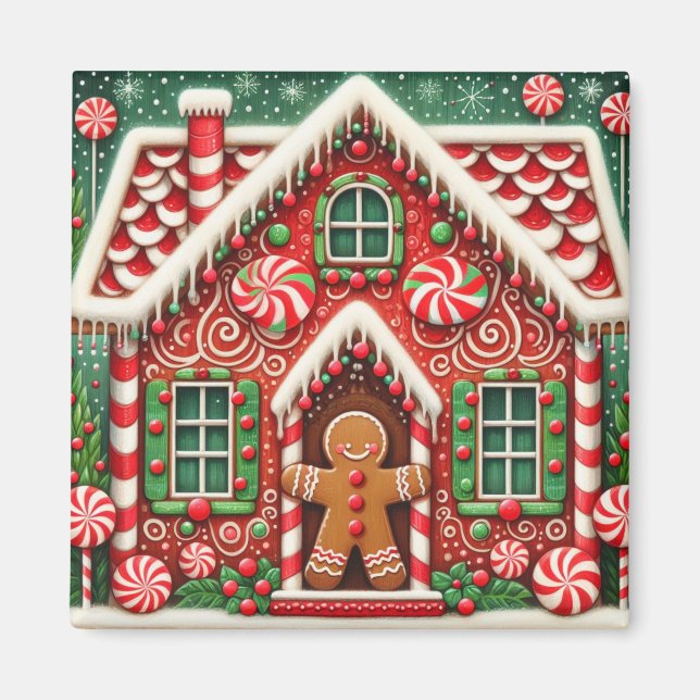 Cute, whimsical gingerbread man & house magnet (Front)
