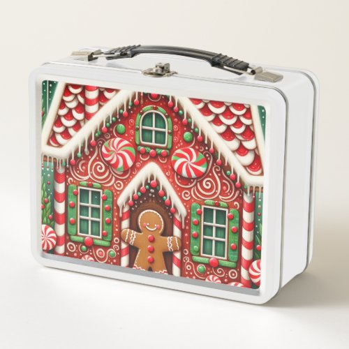 Cute whimsical gingerbread man  house metal lunch box