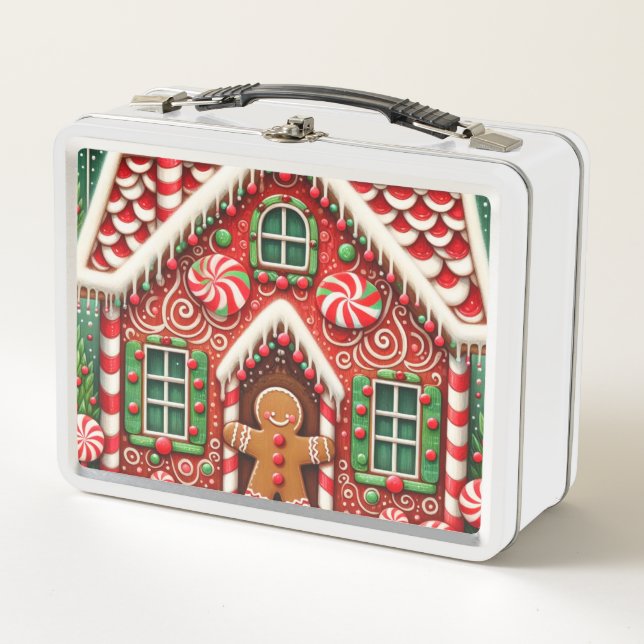 Cute, whimsical gingerbread man & house metal lunch box (Front)