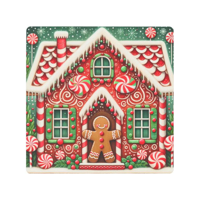 Cute, whimsical gingerbread man & house metal print (Front)