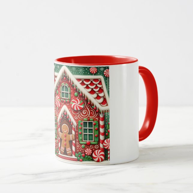 Cute, whimsical gingerbread man & house mug (Front Right)