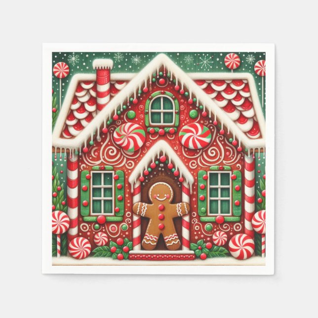 Cute, whimsical gingerbread man & house napkins (Front)