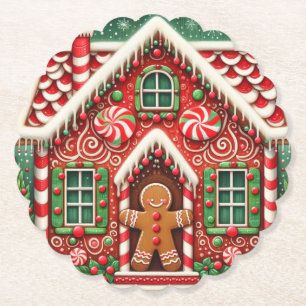Cute, whimsical gingerbread man & house paper coaster