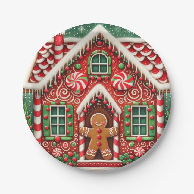 Cute, whimsical gingerbread man & house paper plates (Front)