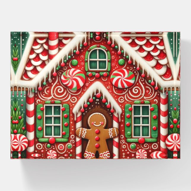 Cute, whimsical gingerbread man & house paperweight (Front)
