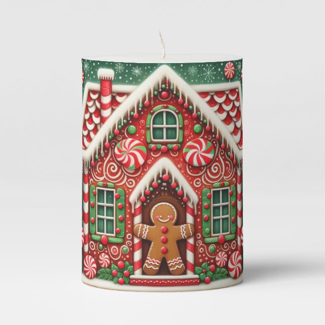 Cute, whimsical gingerbread man & house pillar candle (Front)