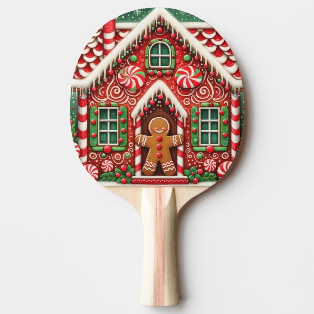 Cute, whimsical gingerbread man & house ping pong paddle (Front)