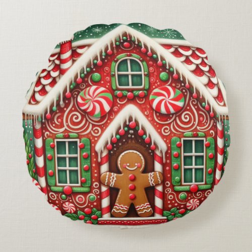 Cute whimsical gingerbread man  house round pillow