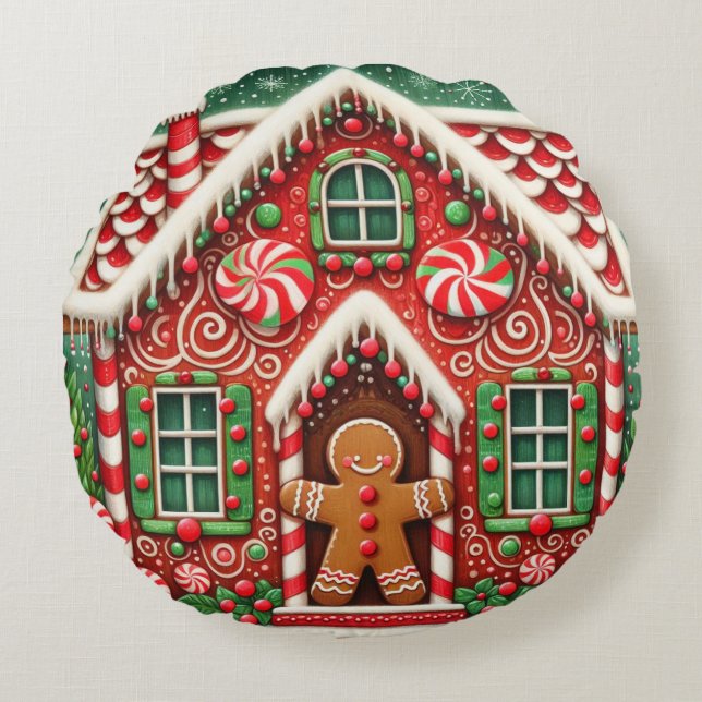 Cute, whimsical gingerbread man & house round pillow (Front)