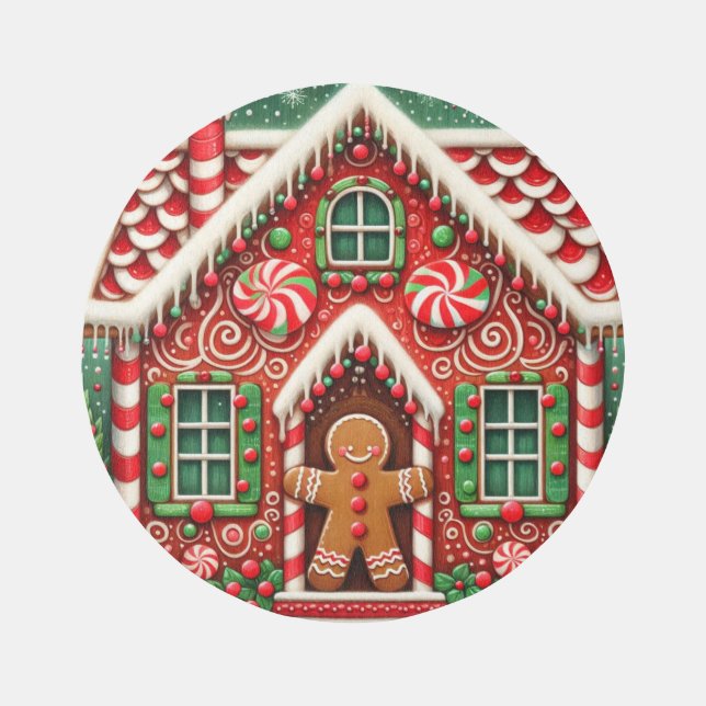 Cute, whimsical gingerbread man & house rug (Front)