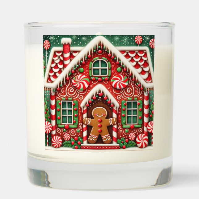 Cute, whimsical gingerbread man & house scented candle (Front)