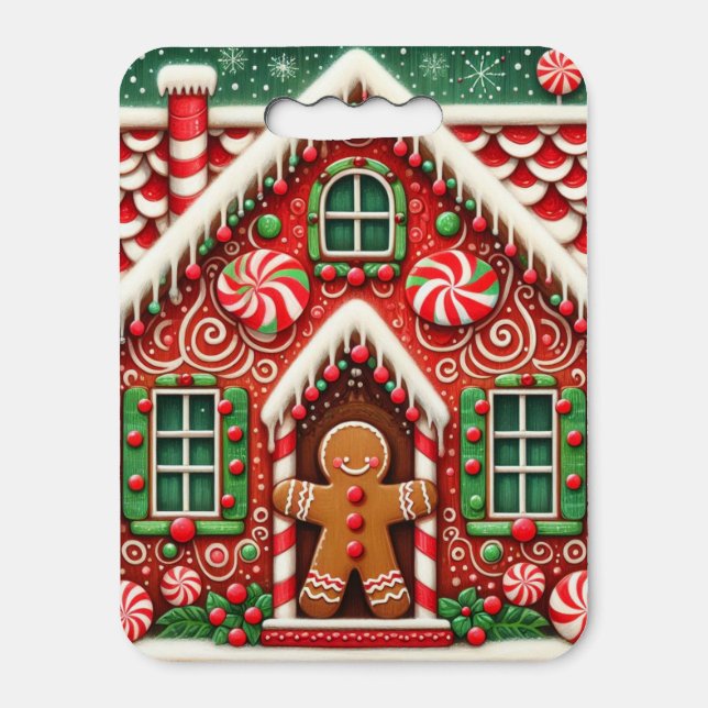 Cute, whimsical gingerbread man & house seat cushion (Front Vertical)
