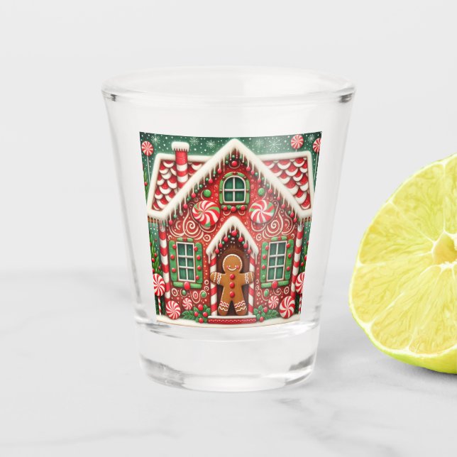 Cute, whimsical gingerbread man & house shot glass (Front)