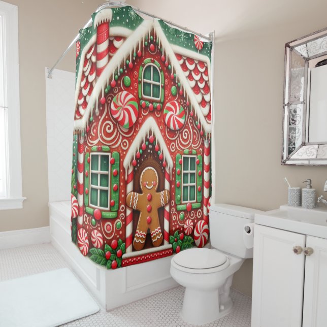 Cute, whimsical gingerbread man & house shower curtain (In Situ)