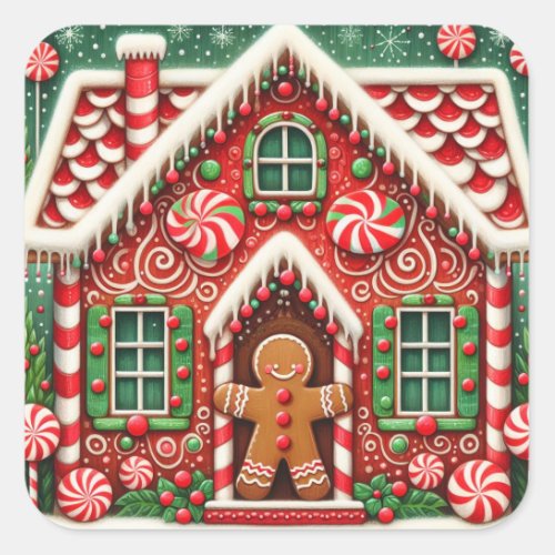 Cute whimsical gingerbread man  house square sticker