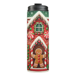 Cute, whimsical gingerbread man & house thermal tumbler
