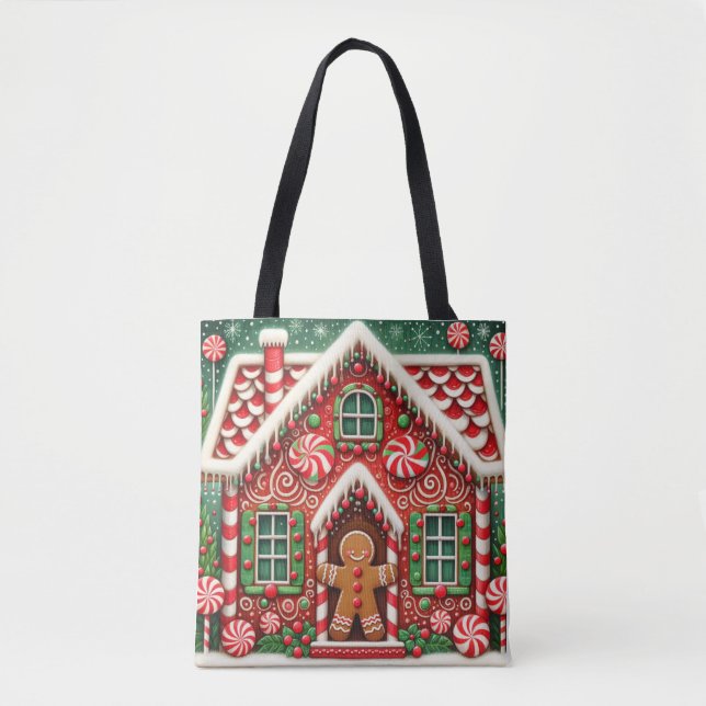 Cute, whimsical gingerbread man & house tote bag (Front)