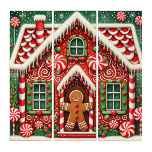 Cute, whimsical gingerbread man & house triptych