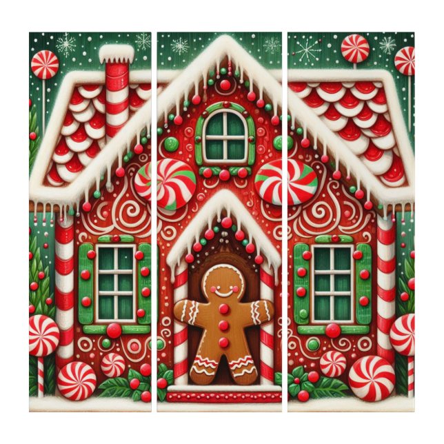 Cute, whimsical gingerbread man & house triptych (Front)