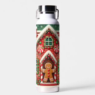 Cute, whimsical gingerbread man & house water bottle