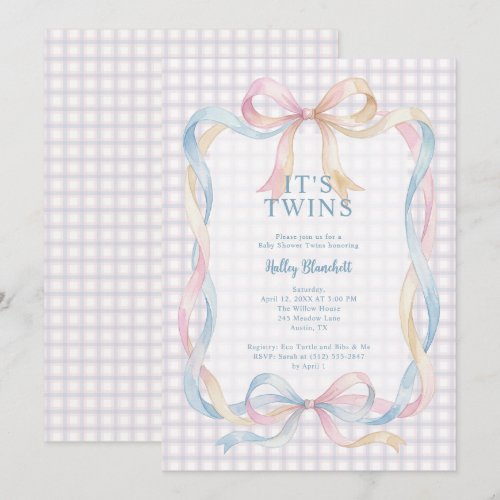 Cute Whimsical Gingham Twins Baby Shower LPM26 Invitation