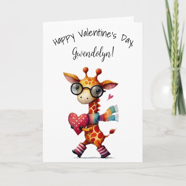 Cute Whimsical Giraffe Happy Valentine's Day Card (Front)