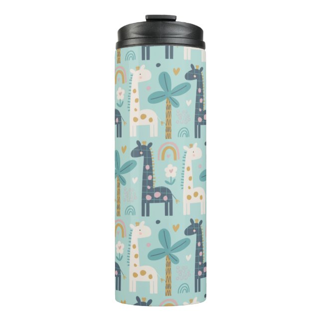 Cute Whimsical Giraffe Pattern in Pastel Blue Thermal Tumbler (Front)