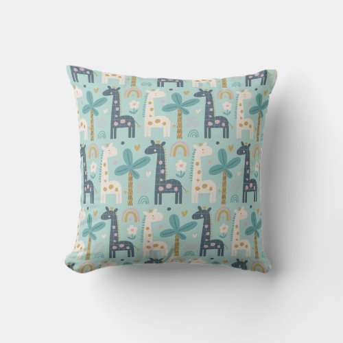 Cute Whimsical Giraffe Pattern in Pastel Blue Throw Pillow